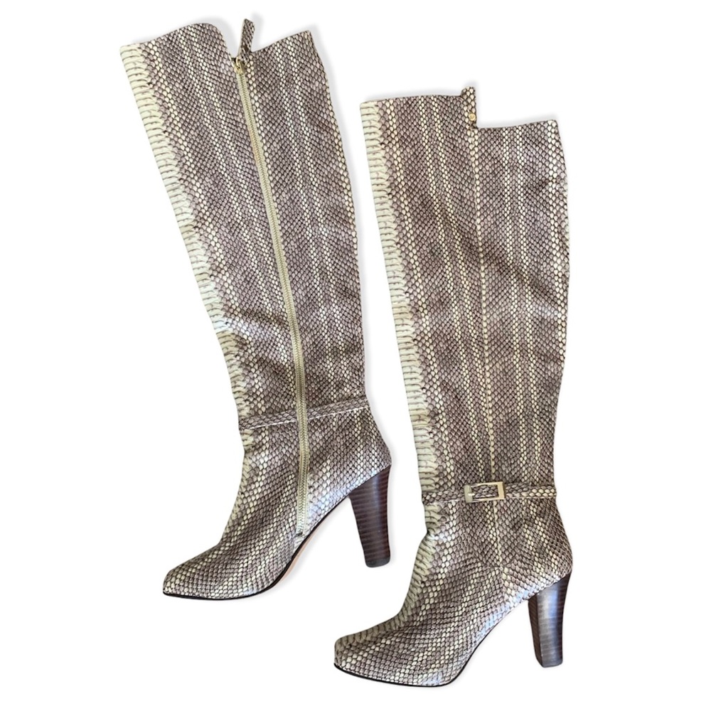 Elaine Turner Snakeskin Heeled Boots Size 8.5 Tan Cream Snake Print